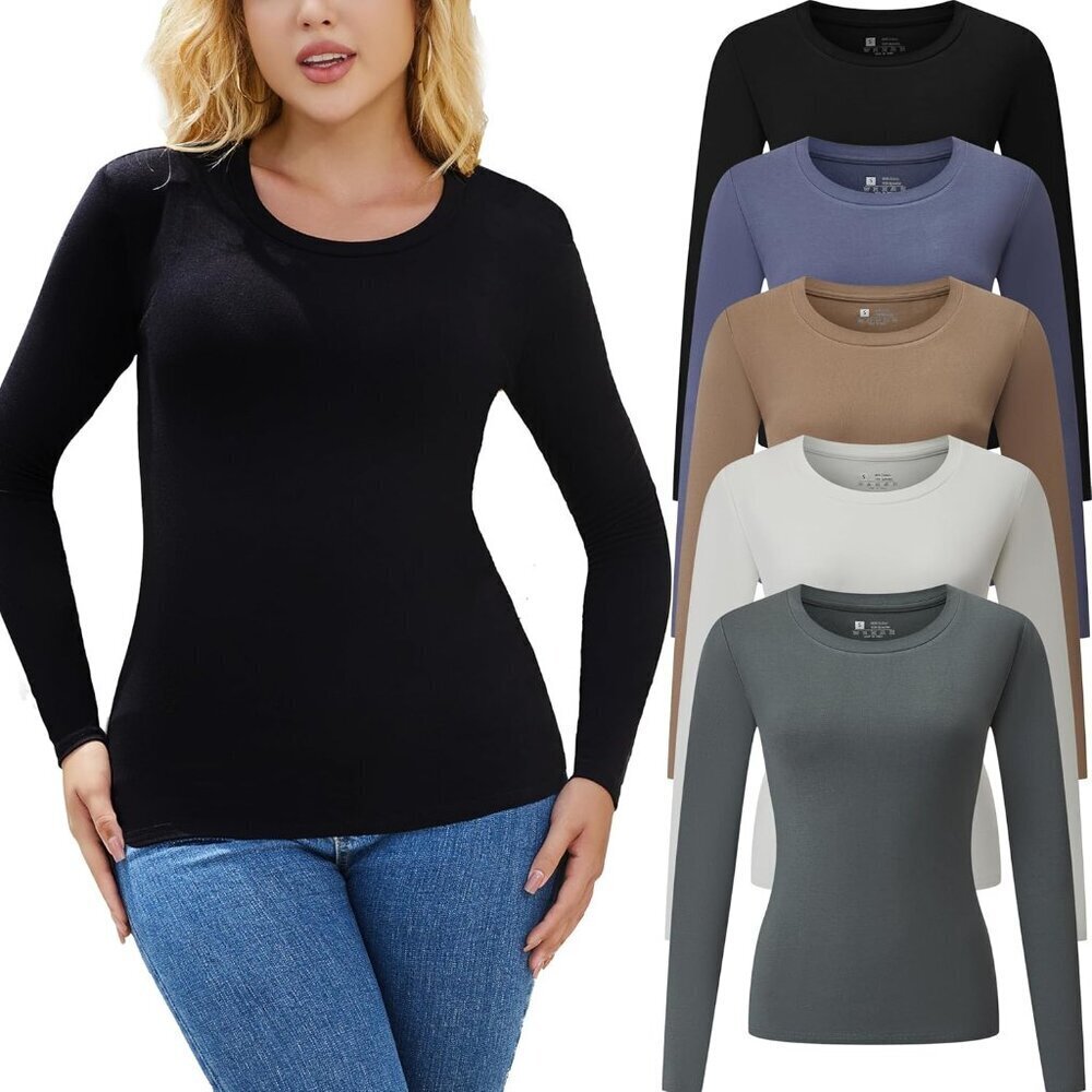 Women’s Long Sleeve Shirts 5 Pack Basic Crew Neck Fitted Thermal Tops